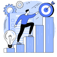 Hombre subiendo por líneas hacia un bullseye ilustración en tonos azules
