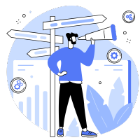 hombre con telecscopio ilustración en tonos azules